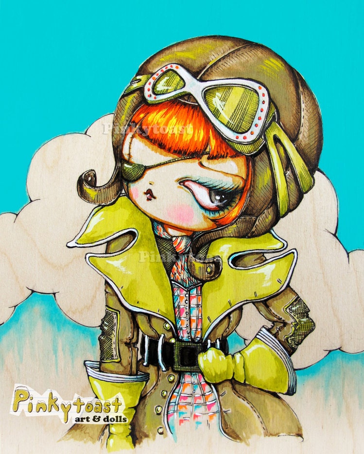 Vinyl Pilot-Steampunk Aviator-Big Eye Fairy Tale Girl-Pinkytoast Art Print-8x10