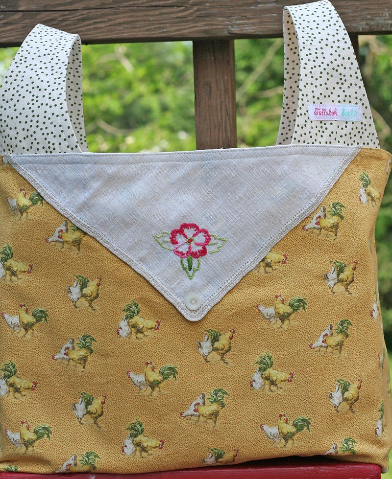Sunny Side Up Farm Chickens and Vintage Embroidered Doily  .. Flea Market or Grocery Shopping Market Tote Bag