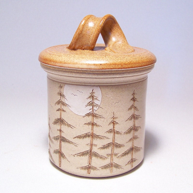 Pine Tree and Moon  Lidded Pottery Jar (crock style) Ltd Ser 23 (salsa relish candy) - JimAndGina