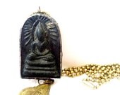 Buddhist Clay Amulet Necklace, Soldered Clay Tablet Buddha, Vintage Buddhist Medallion Necklace, Vintage Buddhist Amulet Pendants