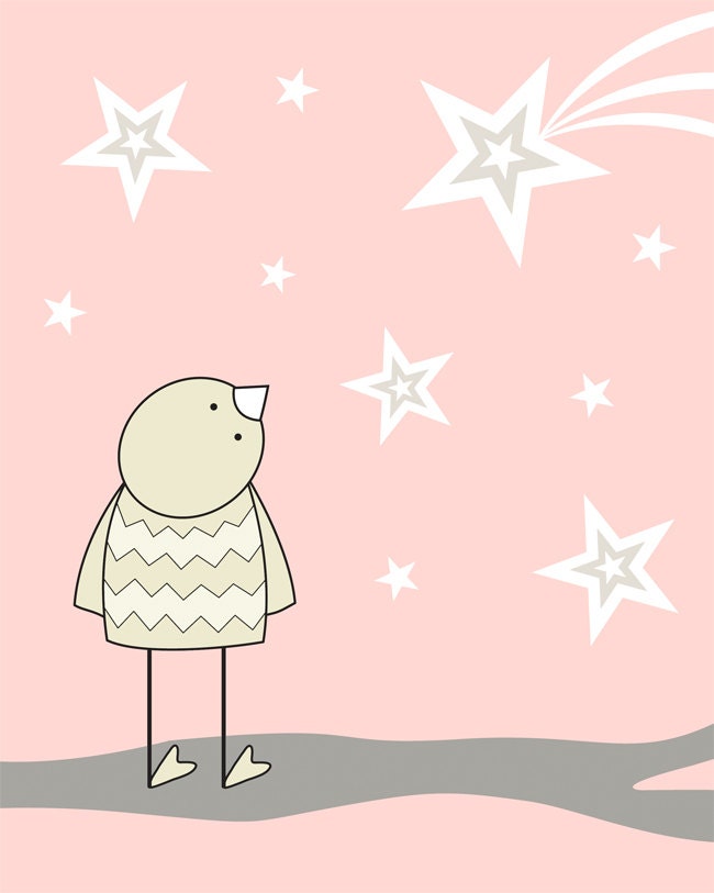 Baby Girl Nursery Art, Art Print, Nursery Wall Decor, Pink Baby Nursery, Bird, Stars, Pink