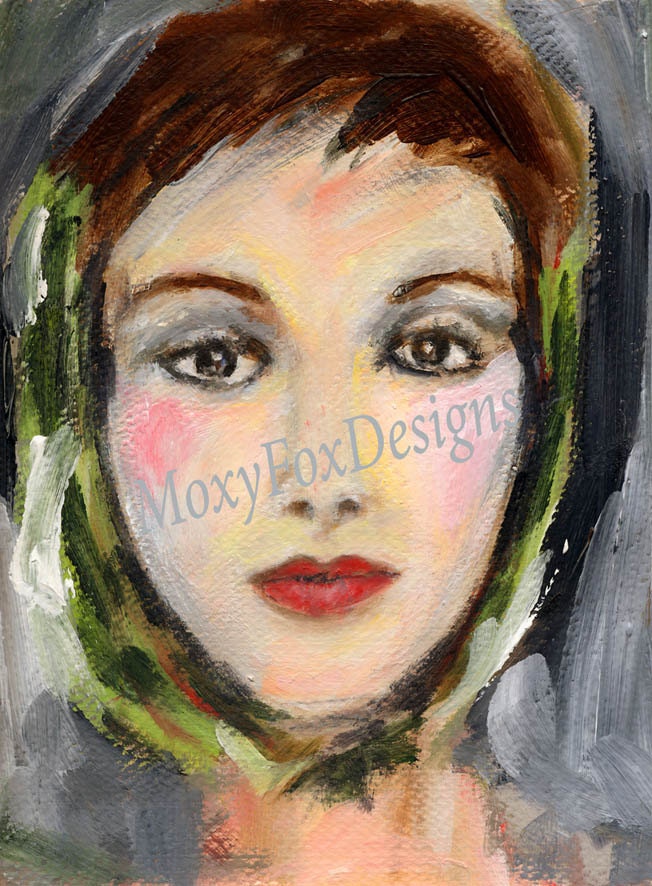 Art -- GREEN SCARF Girl Portrait Fine Art Giclee Print Impressionistic Contemporary Free US Shipping