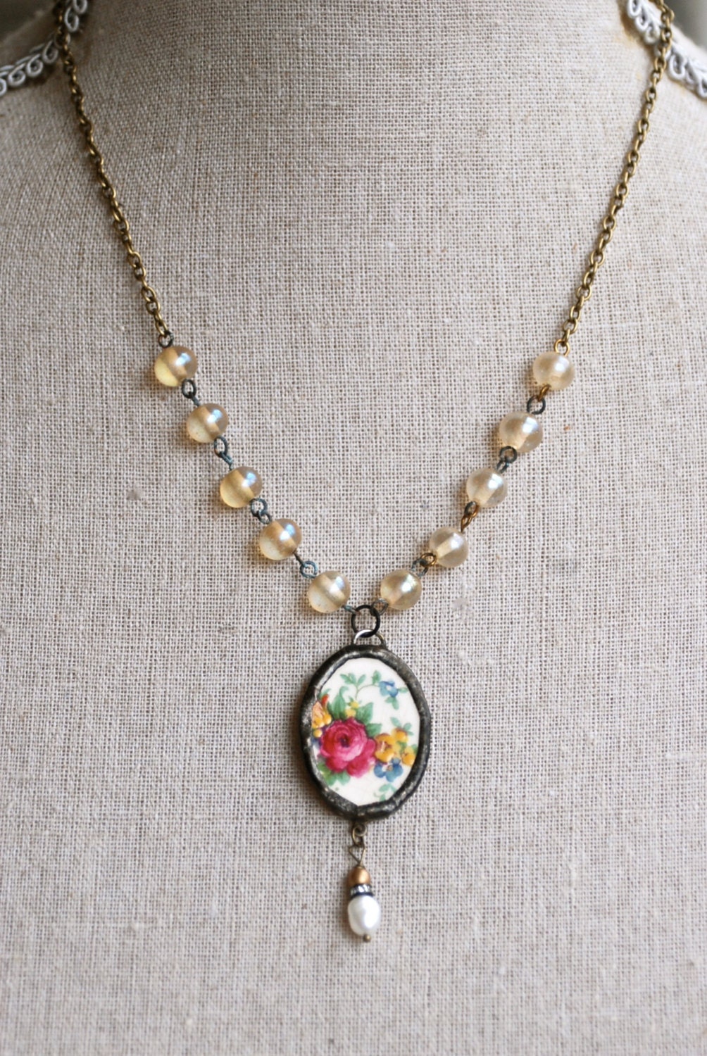 Rose bouquet. vintage beaded,romantic,floral,shabby chic necklace. Tiedupmemories