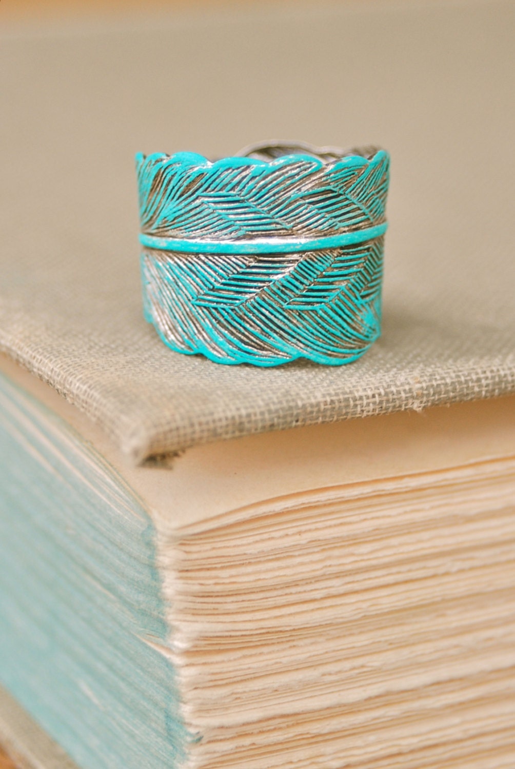 Bohemian feather ring. aqua patina,adjustable,feather ring. Tiedupmemories