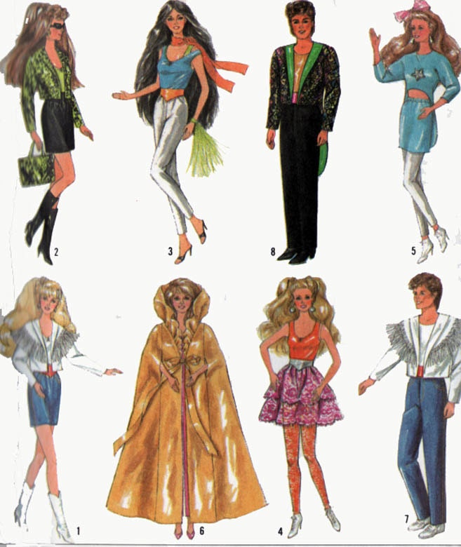 Vintage  80s Simplicity 8377 Barbie and Ken Wardrobe Hooded Cape Skirts Pants Tuxedo Sewing Pattern UNCUT