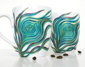 Peacock Feather Coffee Mug - Hand Painted Porcelaine Mug