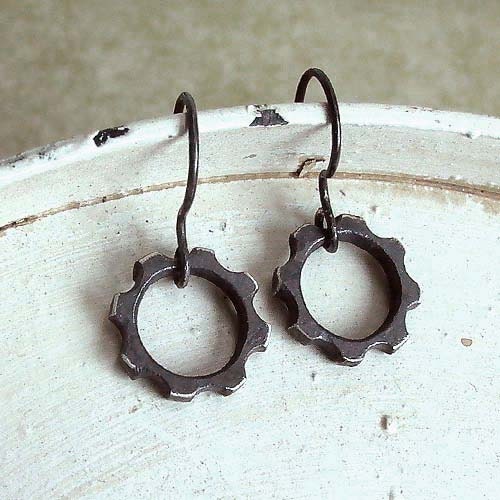 Gear Earrings - Black - Sterling Silver - Oxidized - Miniature - Industrial Chic - Rustic - Steampunk - Gear Charms - Mini Gear Earrings