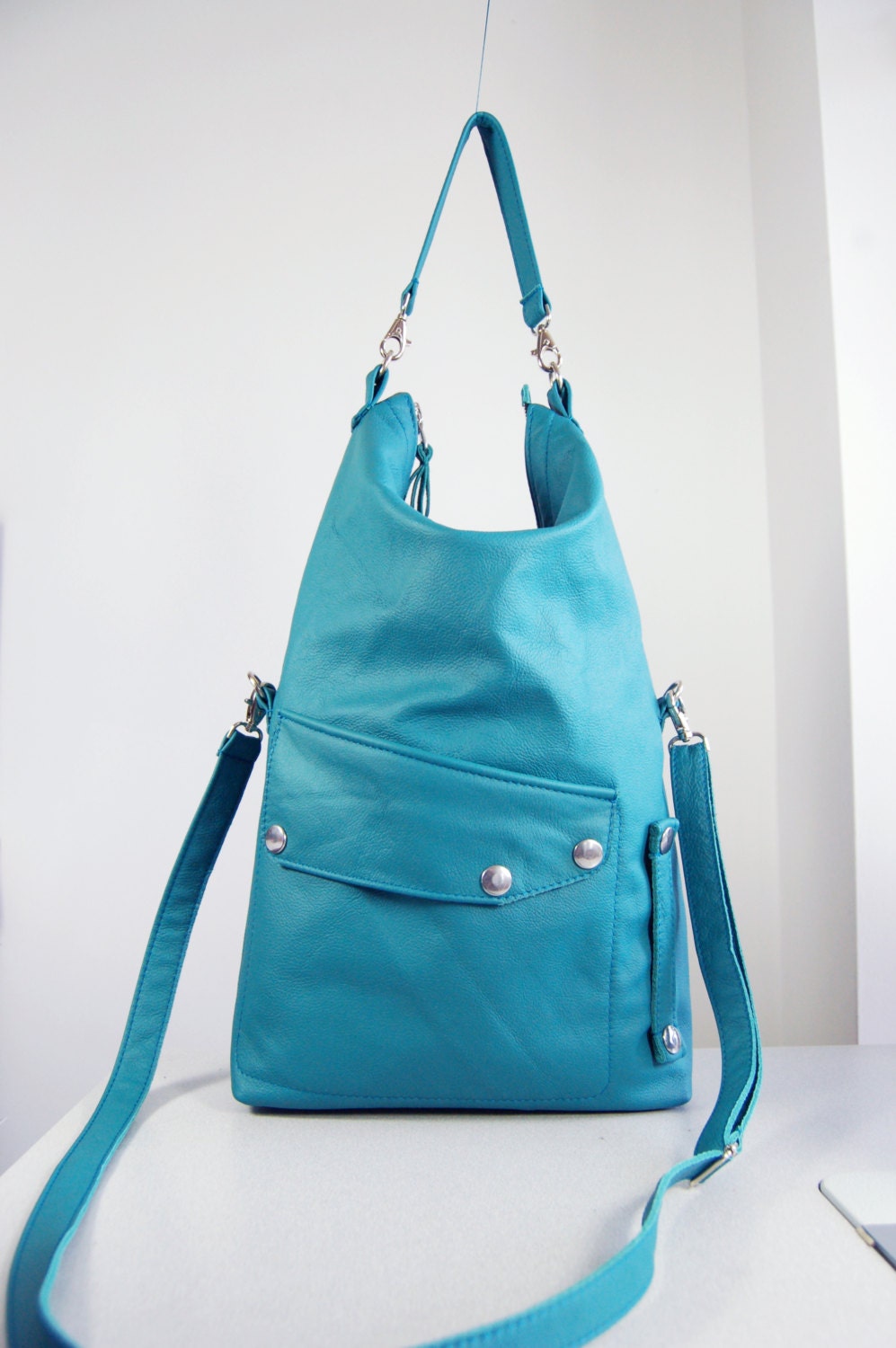 Elise, Handmade leather two size messenger bag, turquoise green.