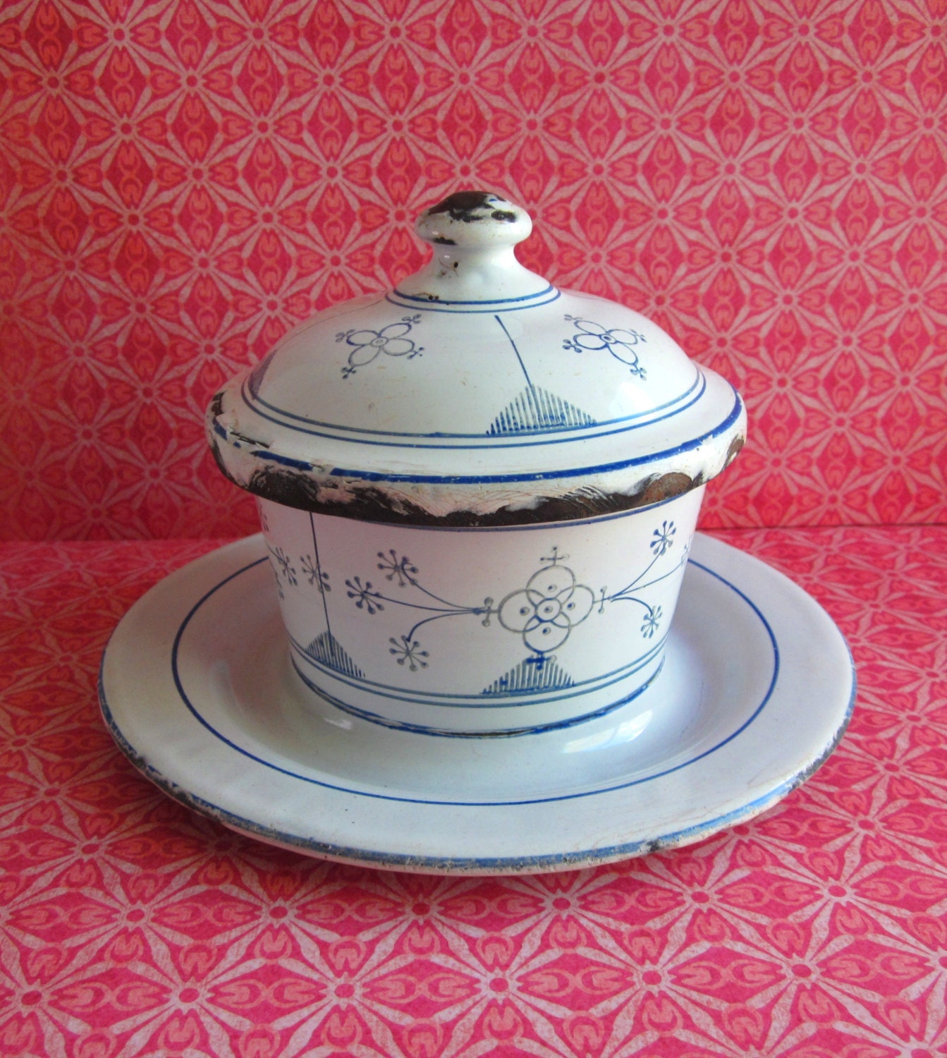 Antique Chippy Blue and White Enamelware Bowl