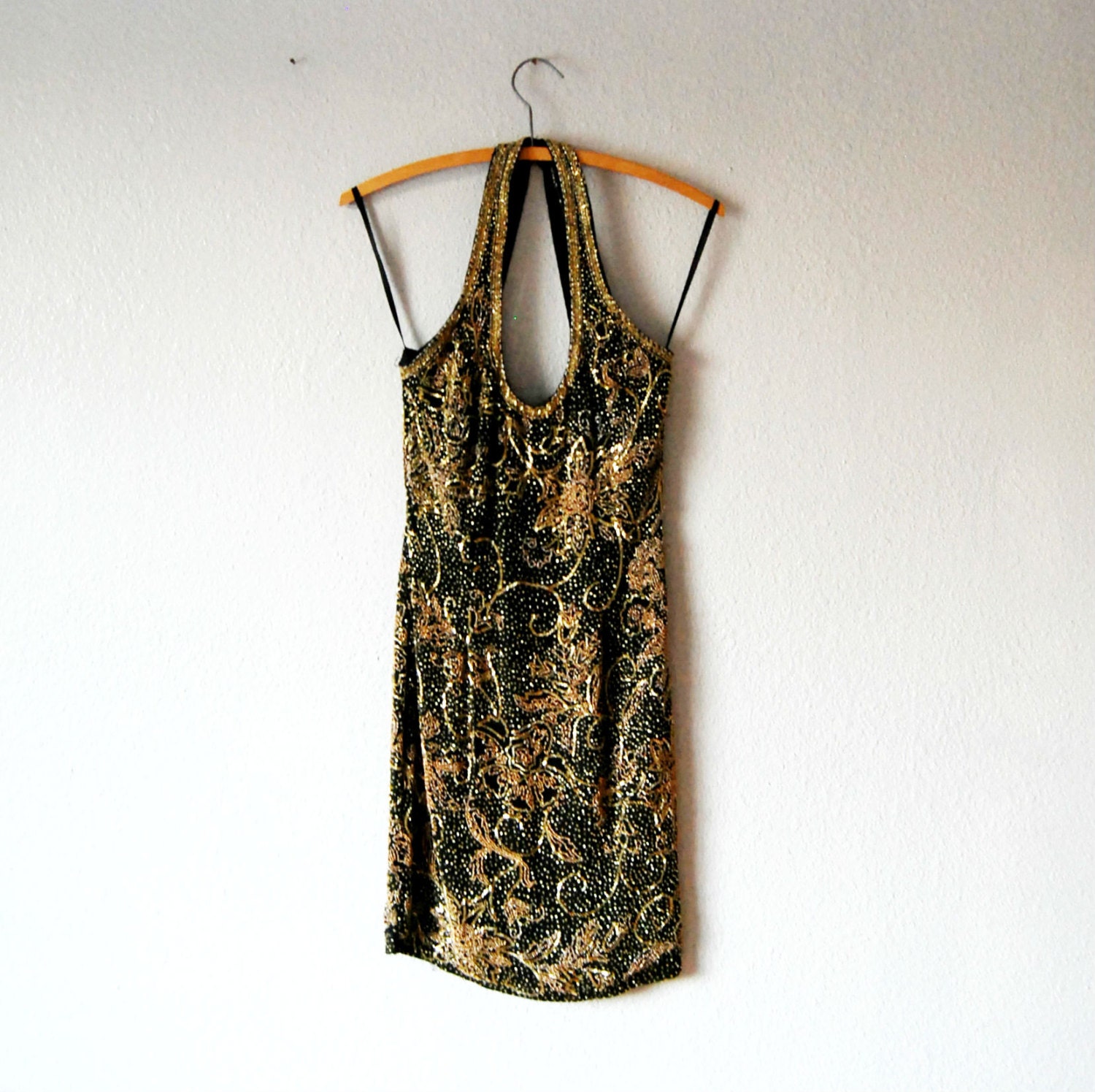 vintage OLEG CASSINI party dress / 1980s cut out beaded silk dress size XS-S