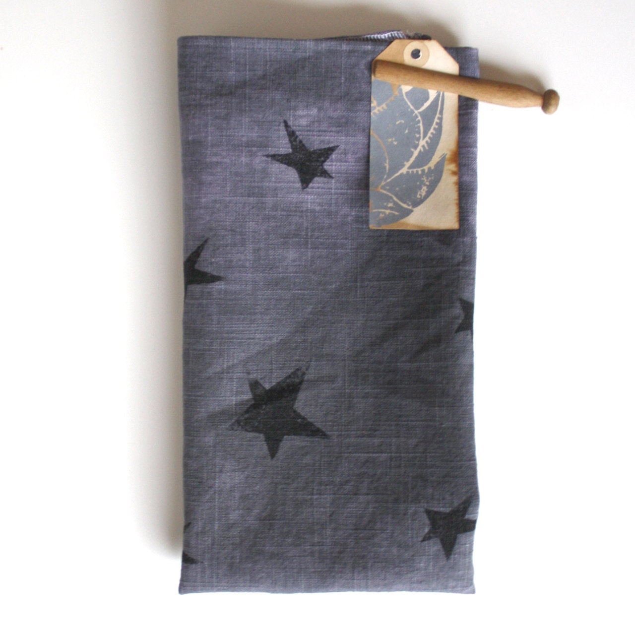 Hand Printed and Hand Dyed Agave or Star Dish Towel - Gray - Black - Succulent