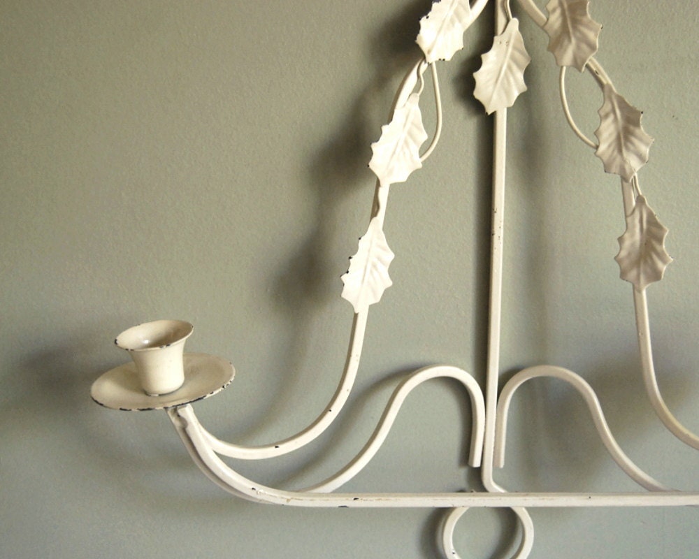 Vintage Iron Candle Sconce Cottage Chic White Chippy Candle Holder
