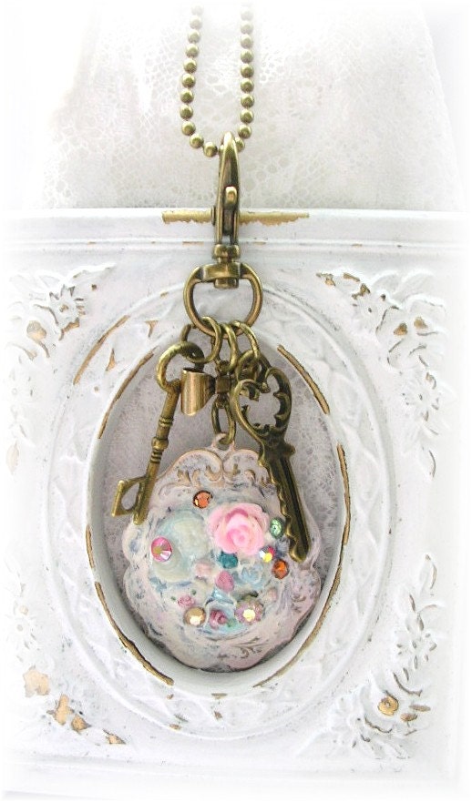 Shabby Chic Collage Mosaic Style Purse Zipper Pull Bag Charm Skeleton Keys Roses Crystals Guilloche Enamel Cameo Necklace OOAK