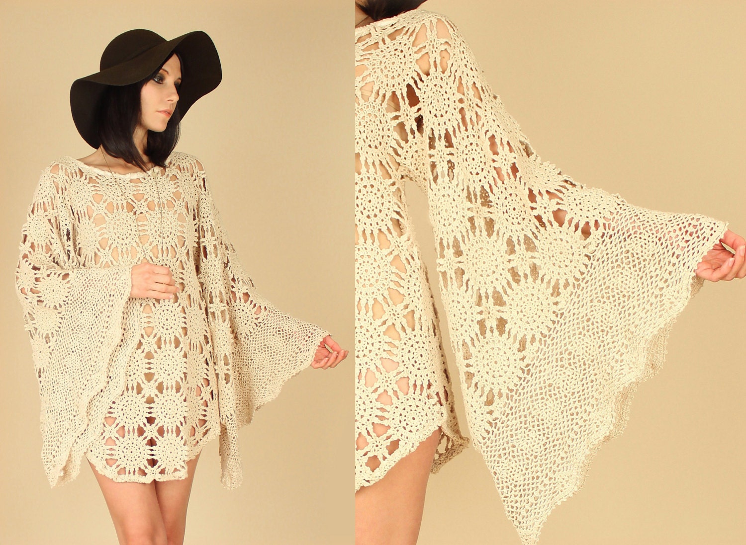 HANDMADE ViNtAgE 70's Crochet ANGEL Wing Floral Sheer  MiNi Dress/Tunic S/M