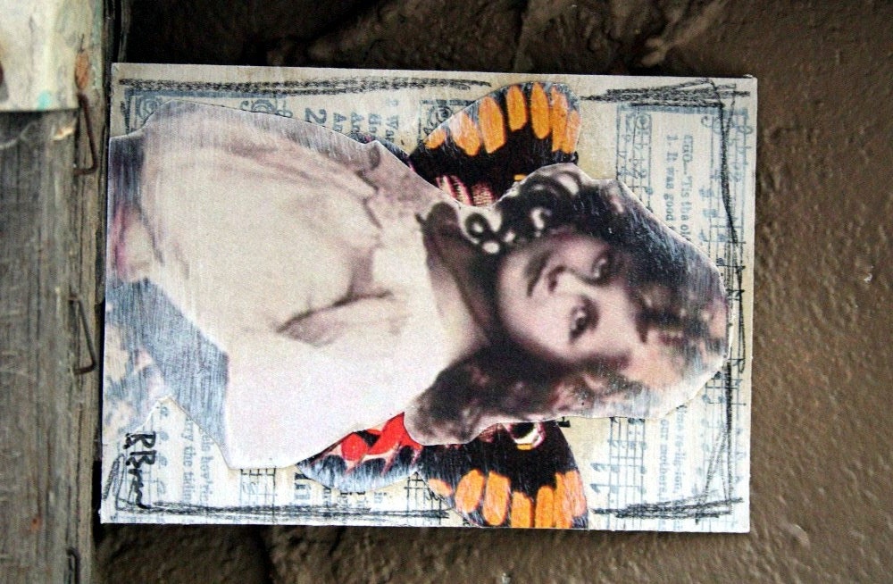 Pretty Girl with Yellow Butterfly wings Collaged ACEO Vintage Image