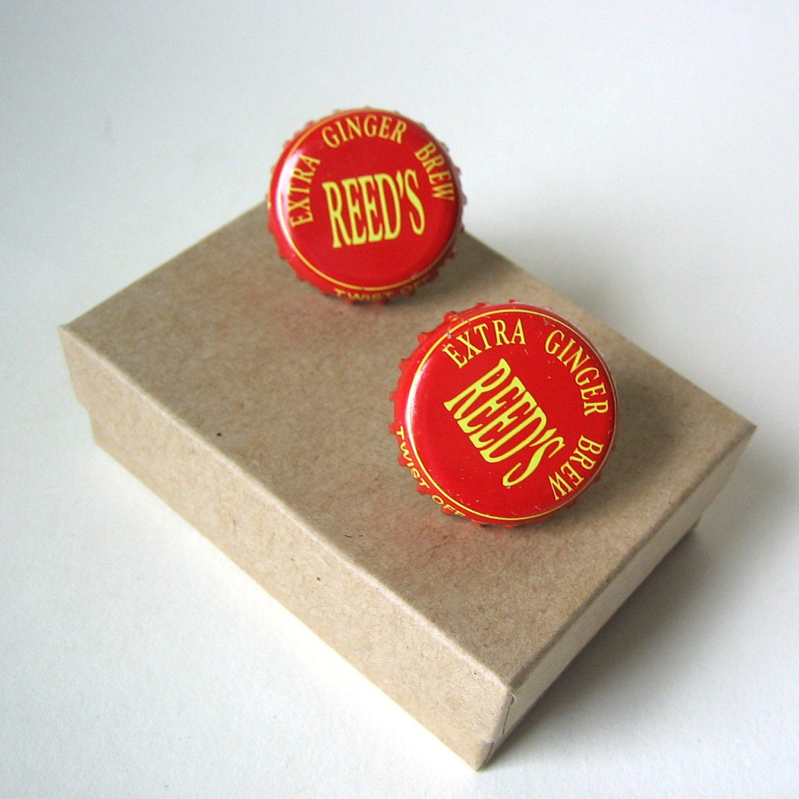 Cufflinks Made With Bright Red Reed's Extra Ginger Brew Caps