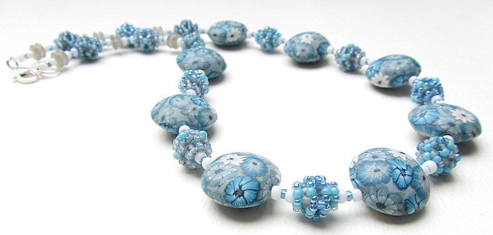 Denim Blue Beaded Bead and Polymer Clay Necklace