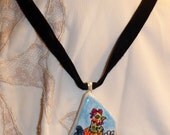 OOAK Rooster Pottery Shard, drawn by hand, velvet ribbon