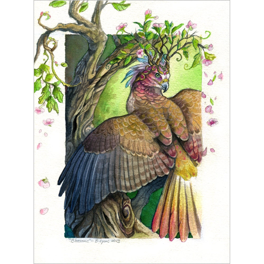 Blossoms - ORIGINAL Spring Fantasy Bird Watercolor Painting
