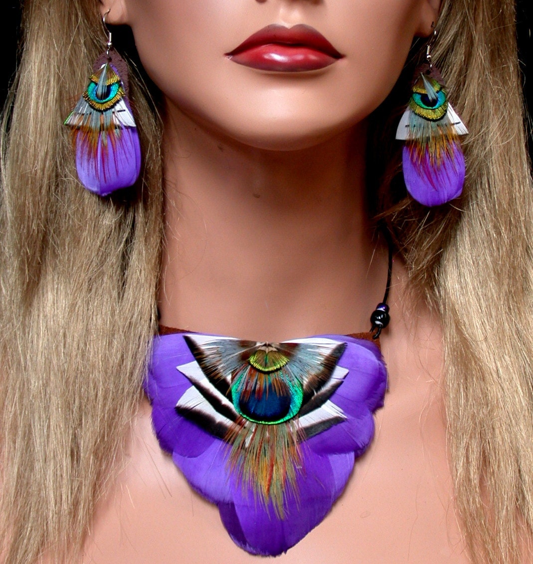 Purple Peaccock Feather Necklace and Feather Earrings Set - Ready to Ship