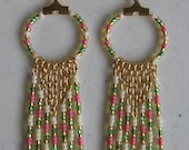 Seed Bead Hoop Chain Earrings - Pink/Green/Cream