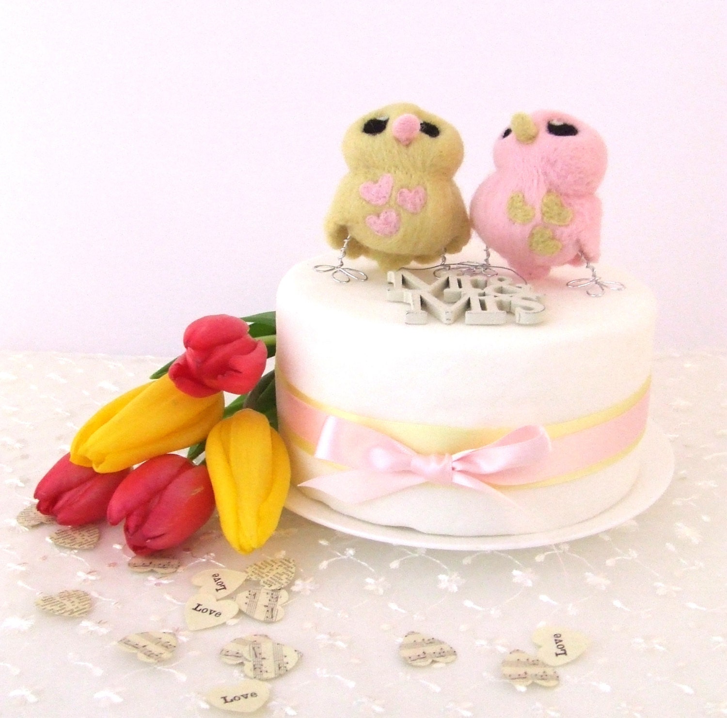 Wedding Cake Topper Birds in Pink and Pale Yellow