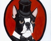 Portrait of a Boston Terrier Dog Original Folk Art Painting