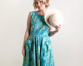 Vintage 1950s Dress - Tropical Tiki Vacation Pastel Cotton Day Dress - Large