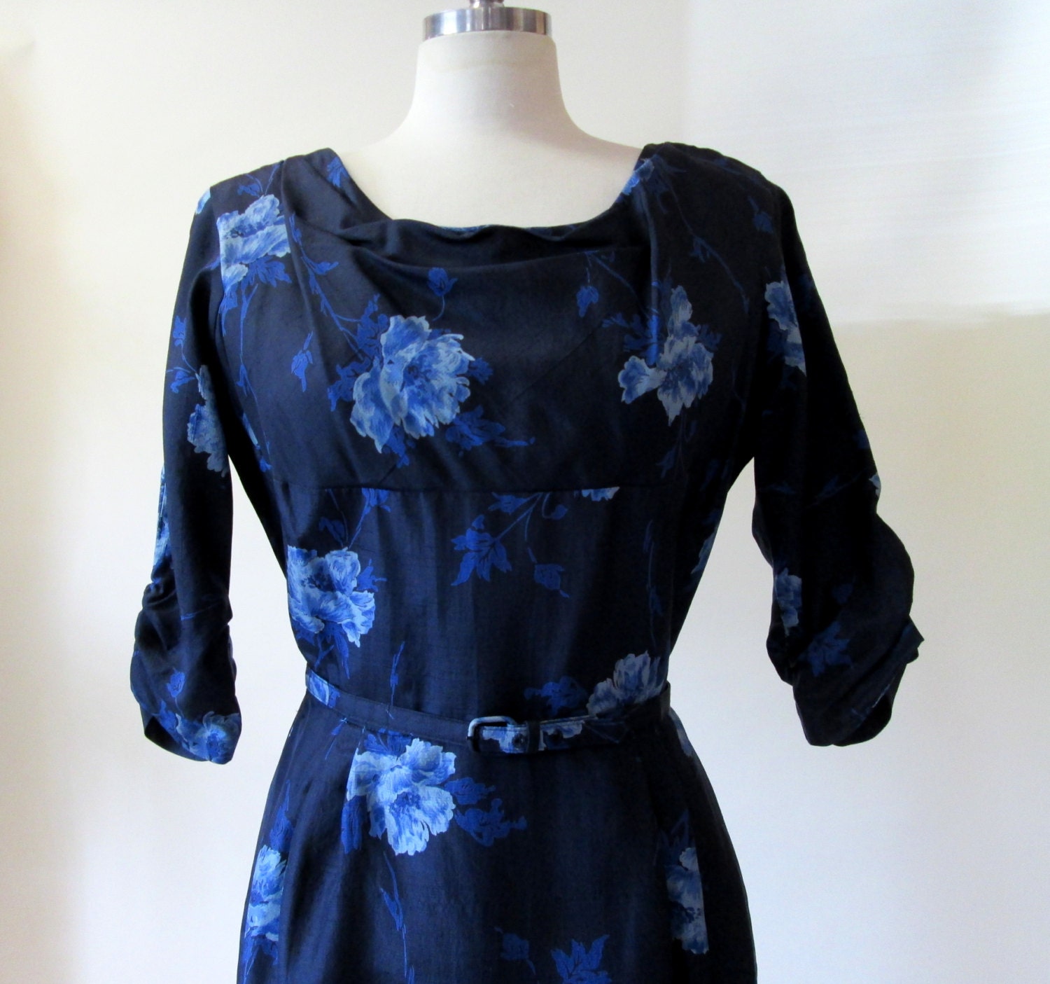 Vintage 50s 60s Blue Roses Silk Dress