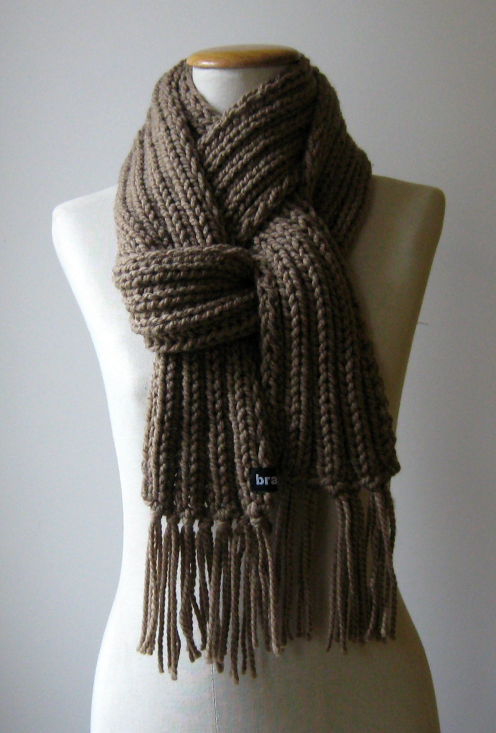 Brown Long Scarf with Fringes Hand Knitted
