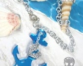 LOST AT SEA - Sea mirrior blue Anchor and Glitter Bombed Silver Heart Laser Cut Acrylic Charm Necklace
