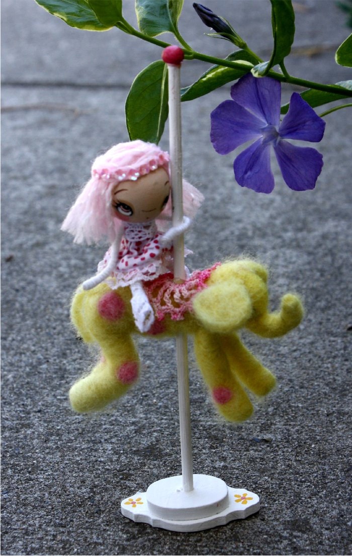 Carousel Doll Needle Felted Yellow Elephant And OOAK Art Doll Rider