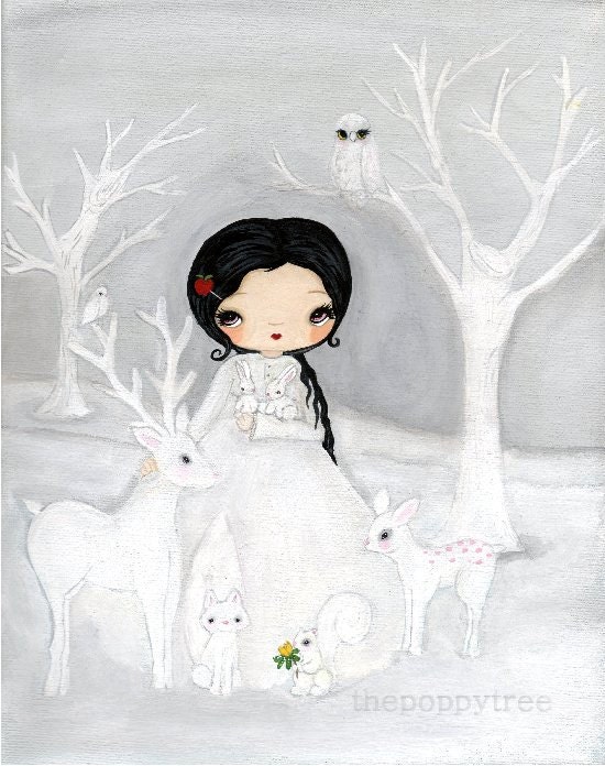 Snow White Art Fairy Tale Print Deer Owl Fox Squirrel Forest---White As Snow Print