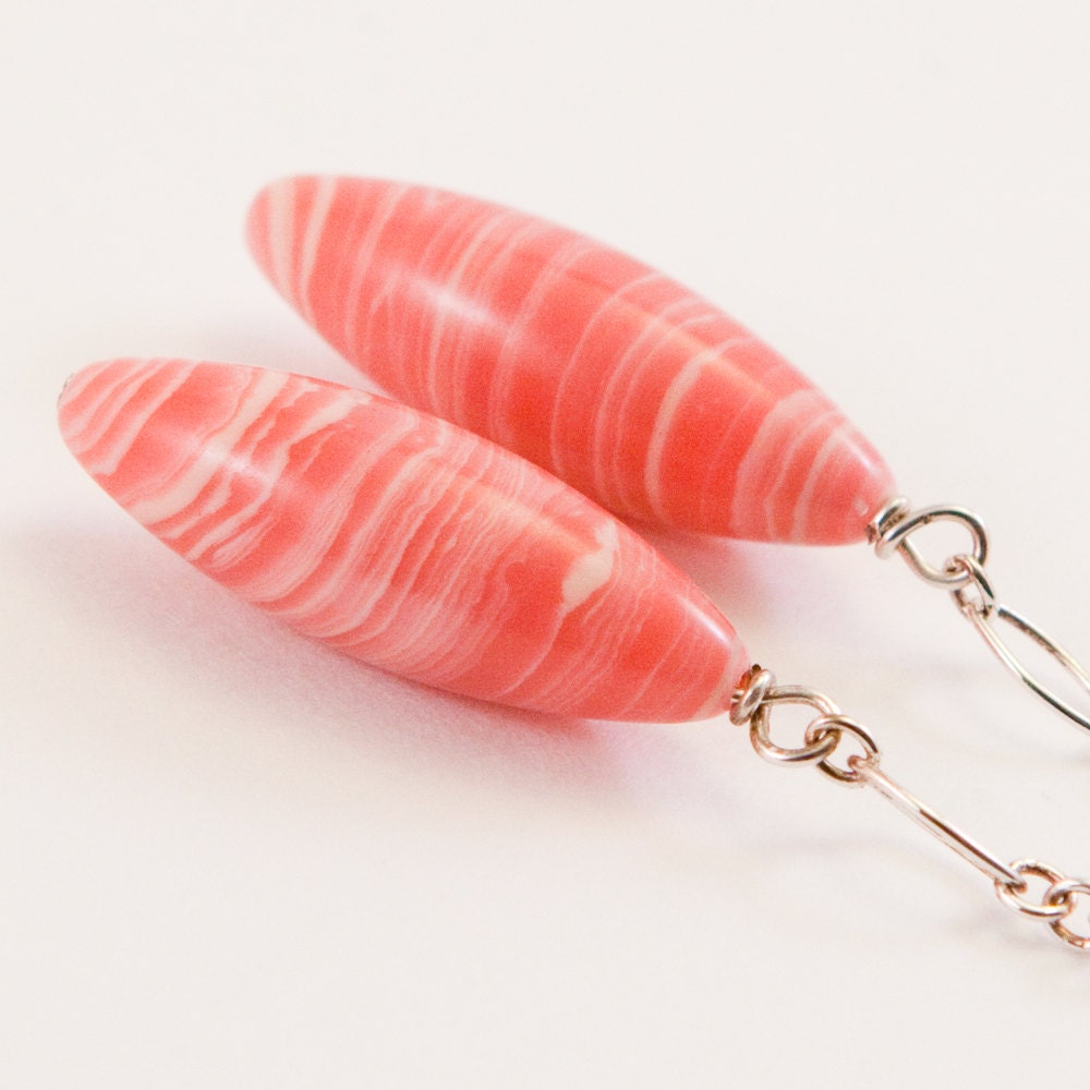 Coral Drop Chain Earrings, OOAK, Oval shape, Dangle Earring, Free Shipping