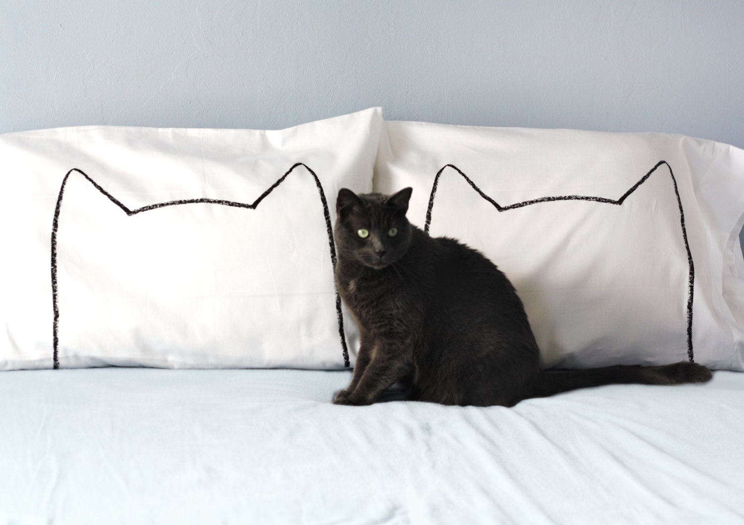 His and Hers Cat Nap Pillowcases for the cat lover, Queen bedding, Set of 2 in White, 300TC, modern home decor, cat lady, kitten, pet lover