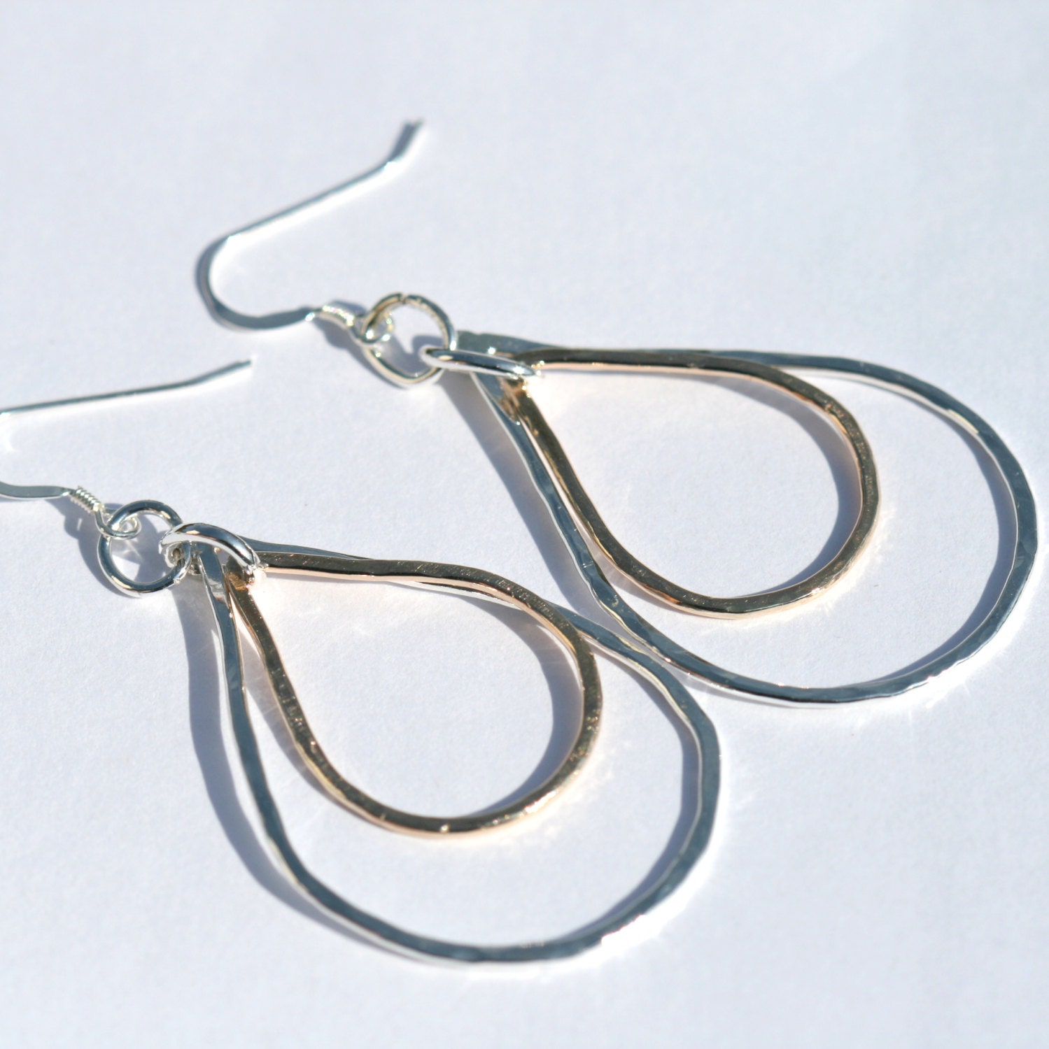 Teardrop Hoop Earrings Dangle Tear Drop Hoops Mixed Metal Fine Silver 14k Gold Fill Maggie McMane Designs