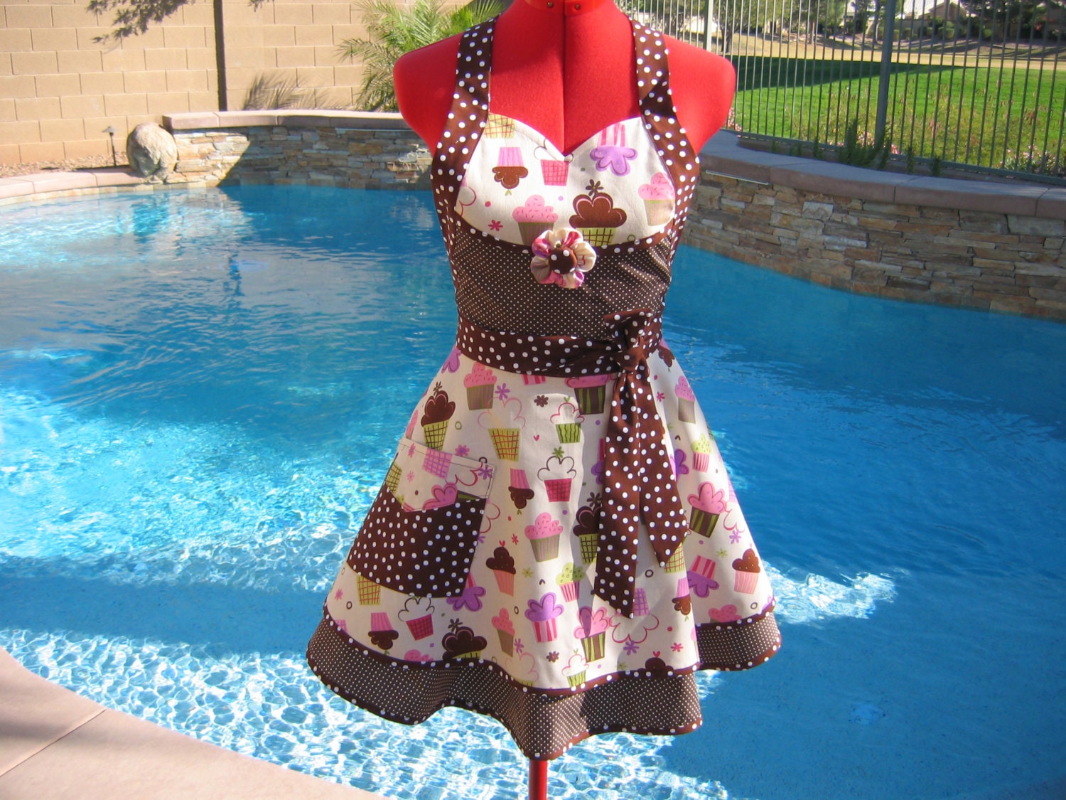 Vintage Cupcakes Apron - Womens Aprons - Handmade, Pin Up, Southern Belle - Scarlet Chic Sassy Apron - Robert Kaufman Confections