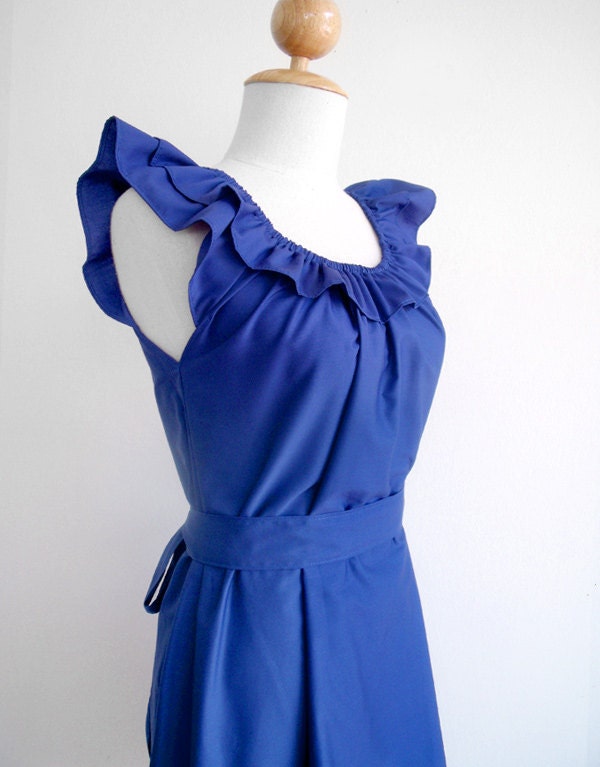 Custom bridesmaid ruffled collar dress w/ sash, pockets in blue - custom size and length