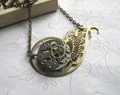 Brass Steampunk Necklace, gears - vintage watch parts - brass wing