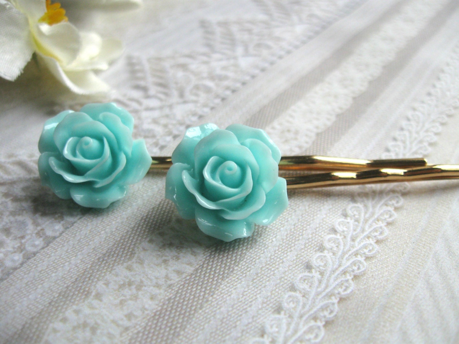 Sweet rose bobby pins, aqua blue flower cabochons, gold plated hair pins