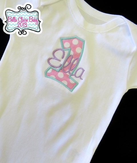 Polka Dot bodysuit onesie- Initial Number Applique Custom design- Hot Pink , Aqua, Lavender for girl