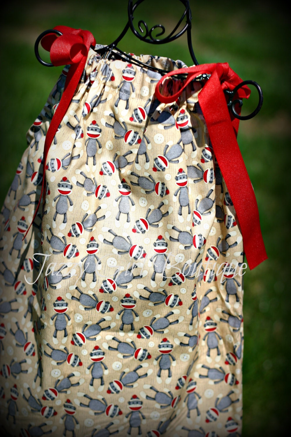 Girls Pillowcase Dress Sock Monkey with Red Ribbon Ties Sz 6mo, 12mo, 18mo, 2T, 3T, 4T, 5 Sz 6, 7, 8 Three Dollars More