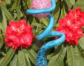 Aqua Teal Glass Tigger Tail with Cranberry Pink Ball Garden Art Sculpture Outdoor Decoration Garden Finial