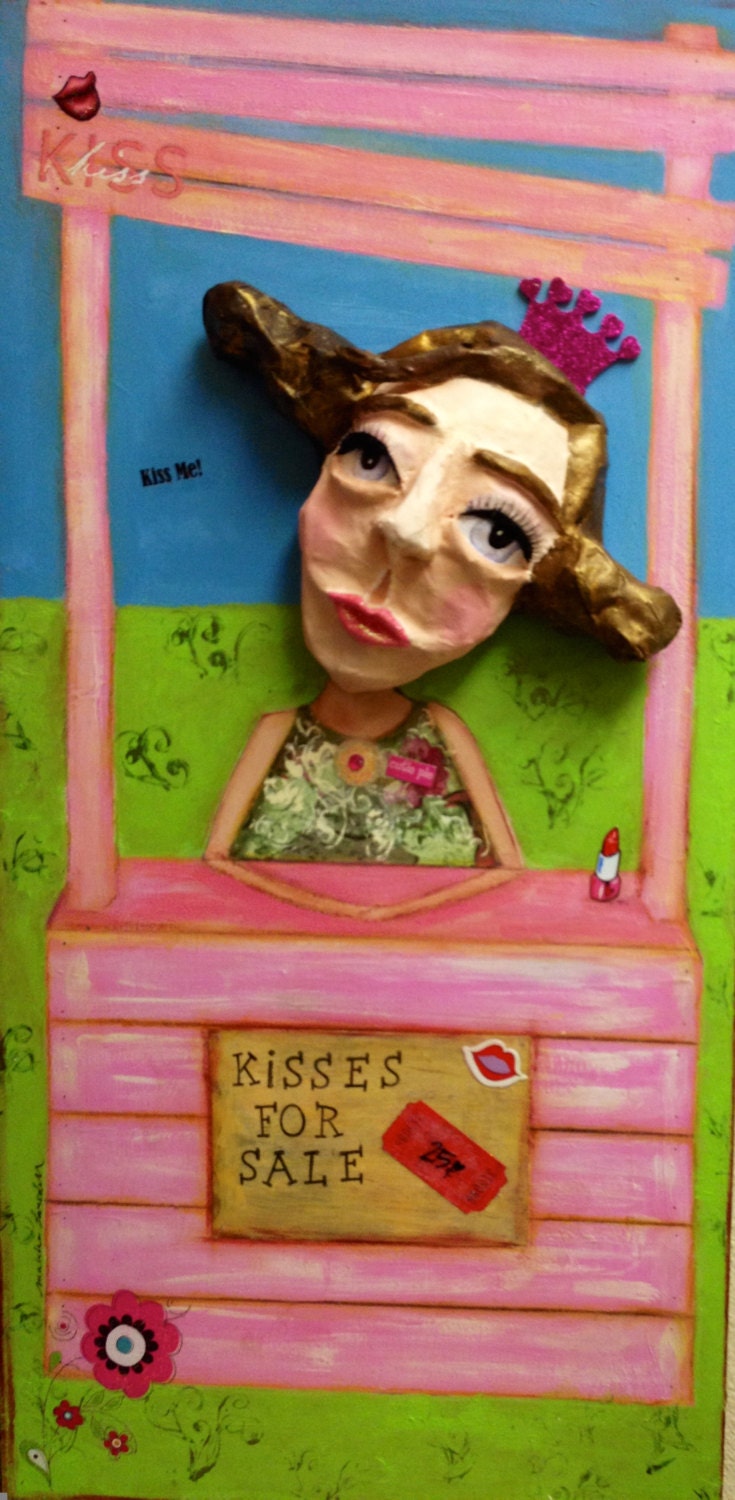 Kisses For Sale Cuca doll Original Painting sculpture Whimsical Art One of a kind 3D valentine's day