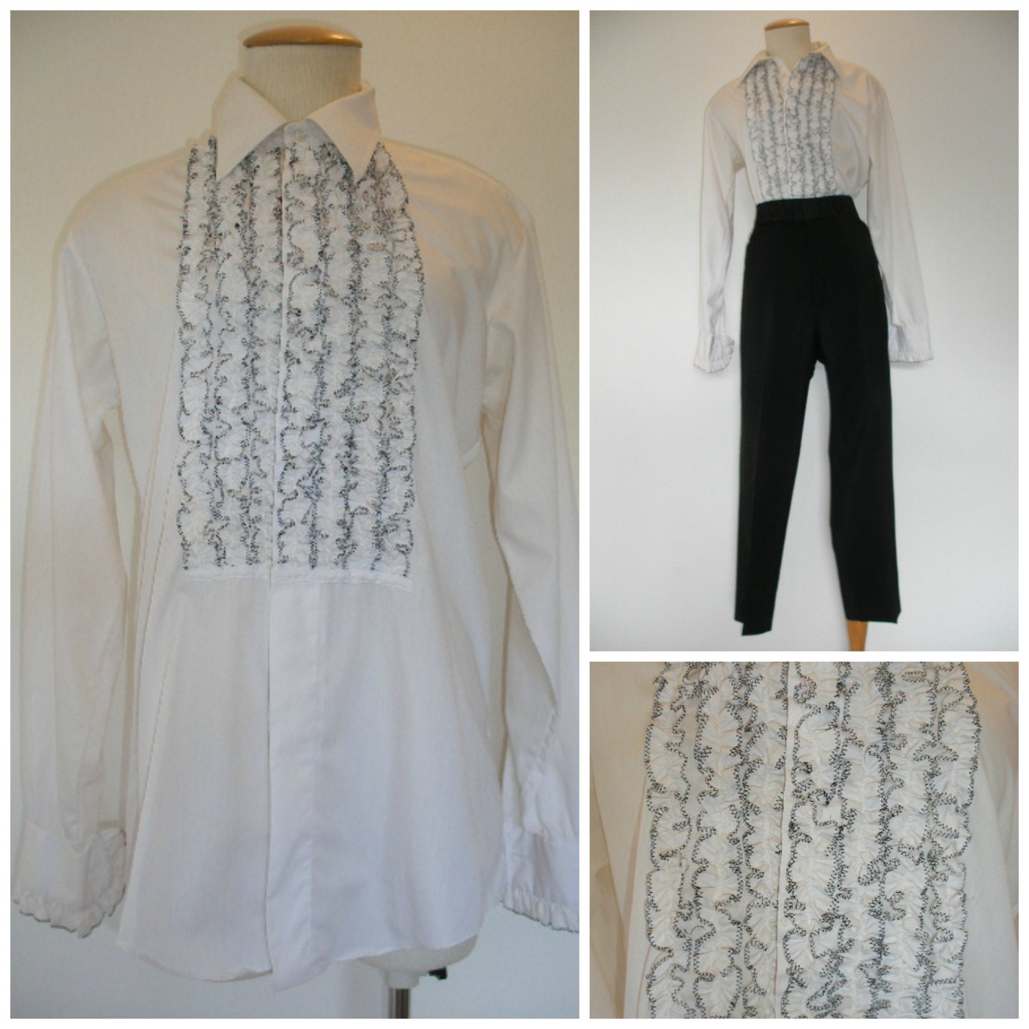 70s men's tuxedo shirt, ruffled bodice, cuff link sleeves, rockabilly retro rocker men's tuxedo long tail shirt.