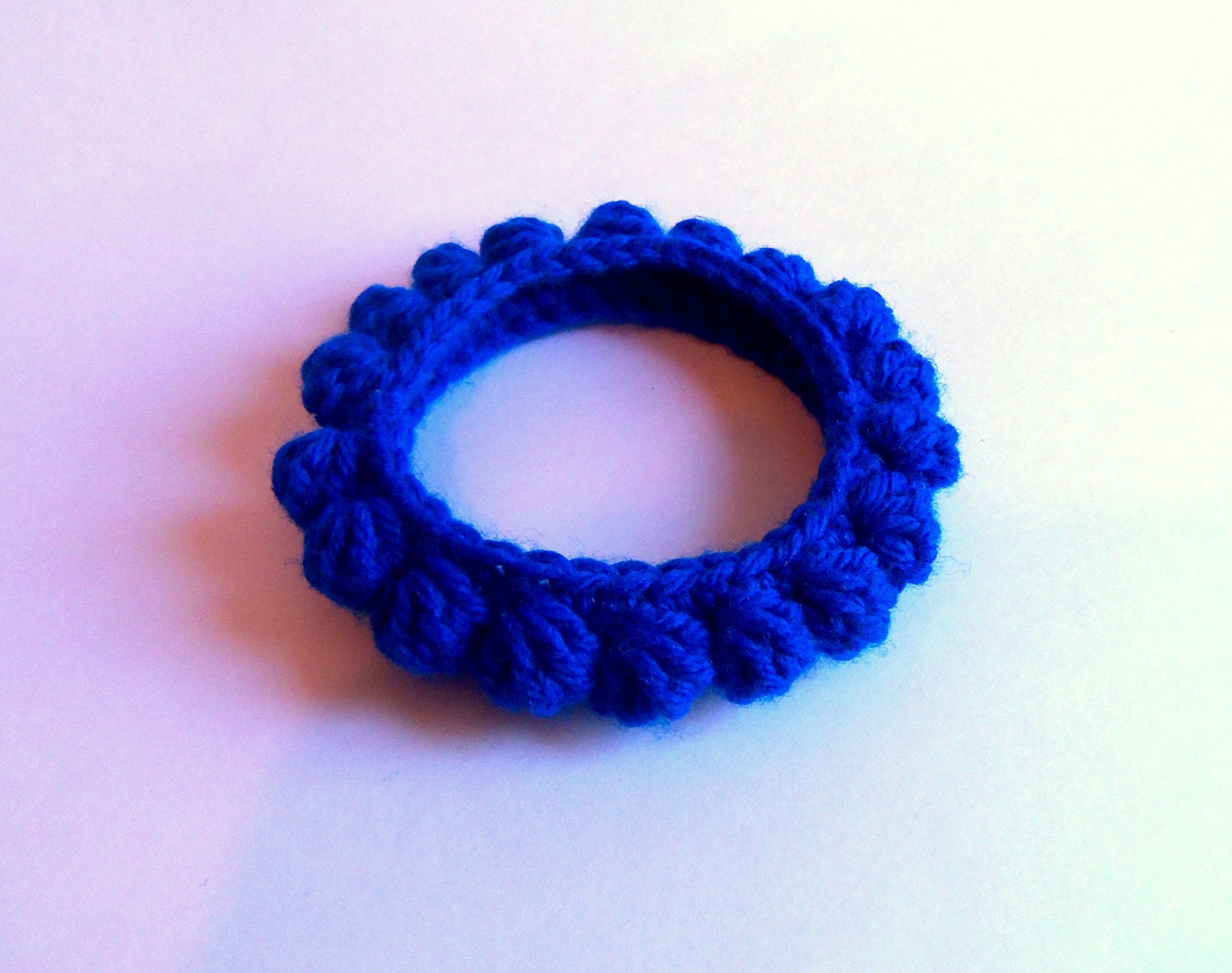 cobalt crochet bobble bracelet - funky bright royal blue nubby bumpy bauble ball flexible bangle - mix and match pom pom fiber cuff