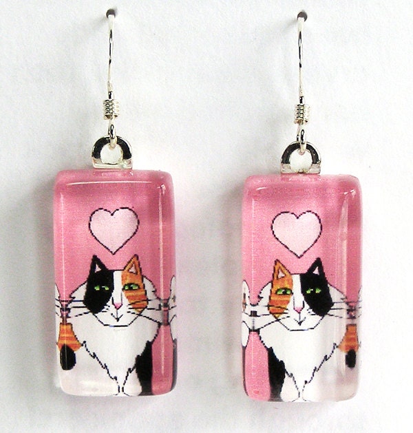 Calico Cat Earrings with Pink Heart... Longhair Kitty Wearable Art