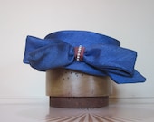 vintage 1960s Electric Blue Pillbox Hat with Huge Rhinestone Bow