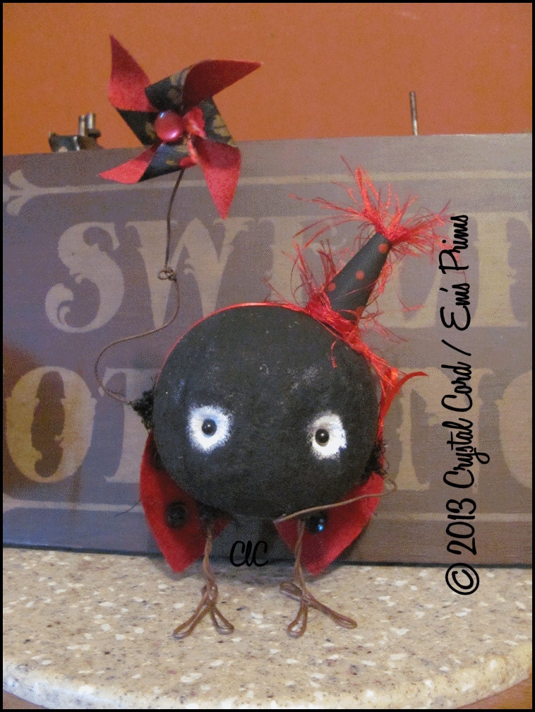 Whimsy art doll Ladybug pinwheel Primitive country decor farm