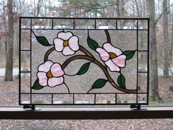 Stained Glass Panel, Pink Dogwoods on Branch with Clear Beveled Border